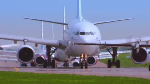 Different planes on the runway. Prepare for take-off. Stock Footage 93622826