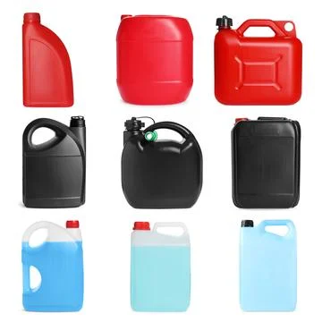 Different plastic canisters isolated on white, collage Photos