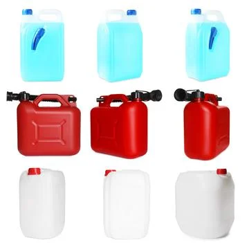 Different plastic canisters isolated on white, collage. View from different.. Photos