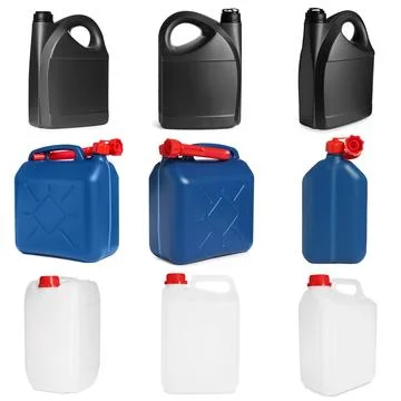 Different plastic canisters isolated on white, collage. View from different.. Photos