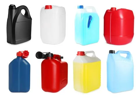 Different plastic canisters isolated on white, collage Photos