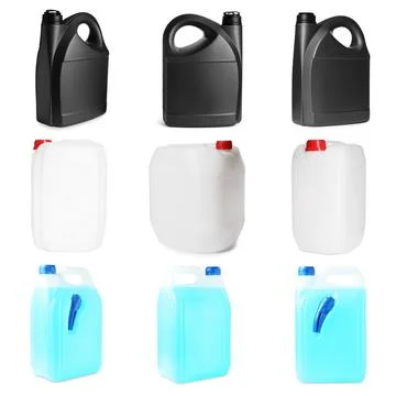 Different plastic canisters isolated on white, collage. View from different.. Photos