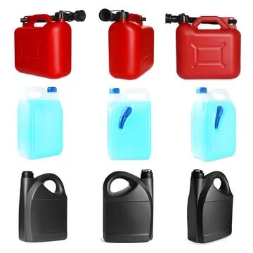 Different plastic canisters isolated on white, collage. View from different.. Photos