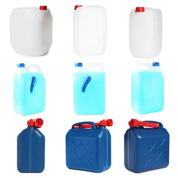 Different plastic canisters isolated on white, collage. View from different.. Photos