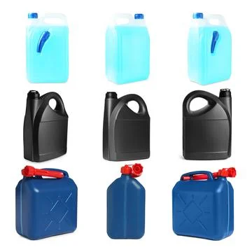 Different plastic canisters isolated on white, collage. View from different.. Photos