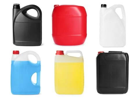 Different plastic canisters isolated on white, collage Photos