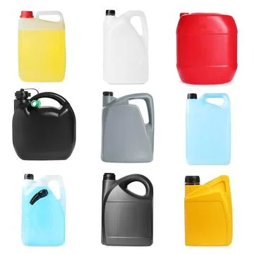 Different plastic canisters isolated on white, collage Photos