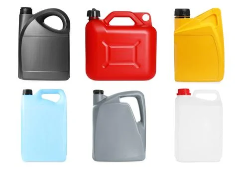 Different plastic canisters isolated on white, collage Photos