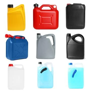 Different plastic canisters isolated on white, collage Photos