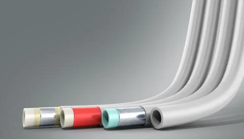 Different plastic water pipes in layers 3d render on grey Stock Illustration