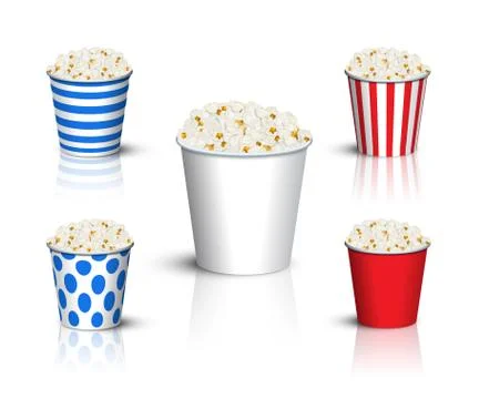 Different popcorn buckets mockup. Vector popcorn box set. Stock Illustration