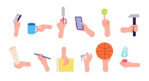 Different poses hands. Isolated gestures, arm holding pencil book key cup. Flat Stock Illustration