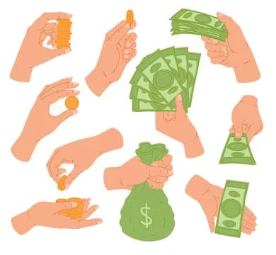 Different poses of human hands with gold coins and dollars a vector Stock-Illustration