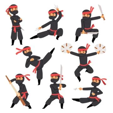 Different poses of ninja fighter in black cloth character warrior sword martial Stock Illustration