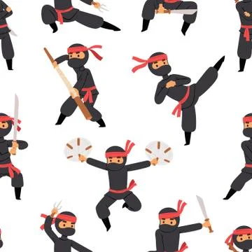 Different poses of ninja fighter in black cloth character warrior sword martial Stock Illustration