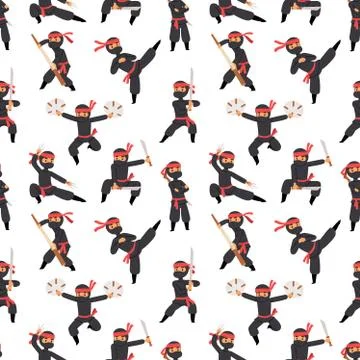 Different poses of ninja fighter in black cloth character warrior sword martial Stock Illustration