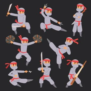 Different poses of ninja fighter in cloth character warrior japanese man cartoon Stock Illustration