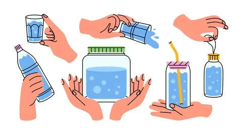 Different positions of human hands holding glass containers with water. 스톡 일러스트