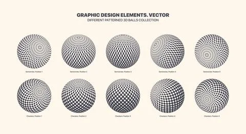 Different Positions Vector 3D Balls With Checker And Semicircle Halftone Texture イラスト素材