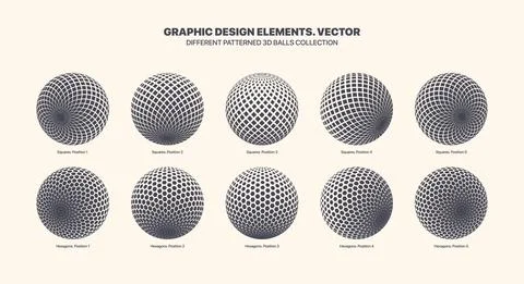 Different Positions Vector 3D Balls With Square And Hexagon Halftone Texture Stock Illustration