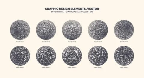 Different Positions Vector 3D Balls With Noise And Scribble Halftone Texture Stock Illustration