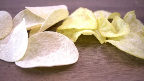 Different Potato Chips With Slow Circular Camera Movement, Close-Up Stock Footage 345611211