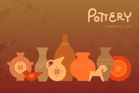Different pottery vases in horizontal view. Handmade Ceramics Clay Pottery Stock Illustration