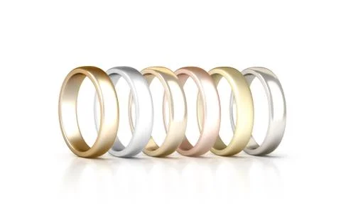 Different precious metals rings set stand isolated, golden, silver, pink Stock Illustration