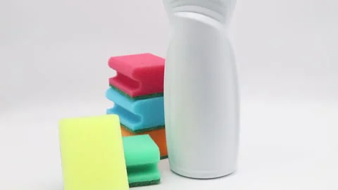 Different products and items for cleaning on the floor in the kitchen. Stock-Footage 167631152