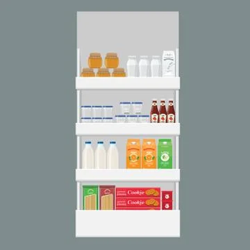 Different Products boxes, packages and bottles on shelf at store. Flat and solid イラスト素材