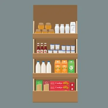 Different Products boxes, packages and bottles on shelf at store. Flat and solid イラスト素材