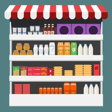 Different Products boxes, packages and bottles on shelf at store. Flat and solid イラスト素材