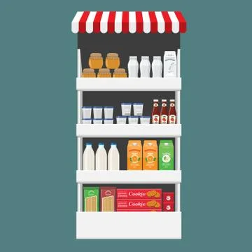 Different Products boxes, packages and bottles on shelf at store. Flat and solid イラスト素材