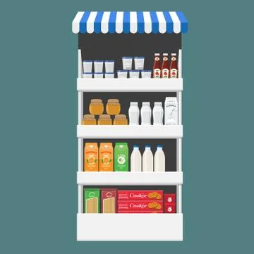 Different Products boxes, packages and bottles on shelf at store. Flat and solid イラスト素材