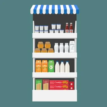 Different Products boxes, packages and bottles on shelf at store. Flat and solid イラスト素材