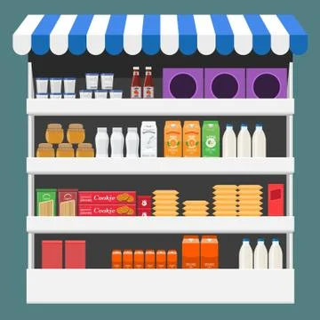 Different Products boxes, packages and bottles on shelf at store. Flat and solid イラスト素材