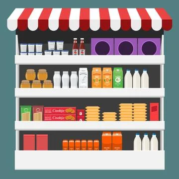 Different Products boxes, packages and bottles on shelf at store. Flat and solid イラスト素材
