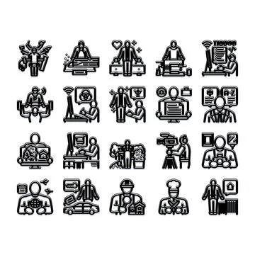 Different professional activities and occupations icon set Illustrazione stock