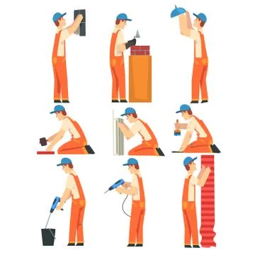 Different Professional Builders Set, Electrician, Carpenter, Painter, Plumber Stock Illustration
