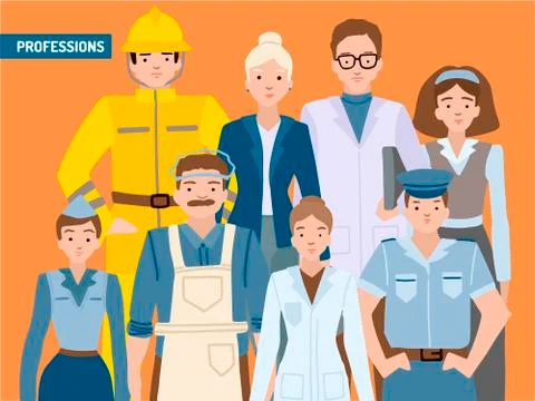 Different professions, portrait character set, a card with people. Vector Stock Illustration