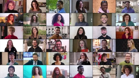 Different races and ethnicity concept. People smiling on camera, face collage Видео 219469733
