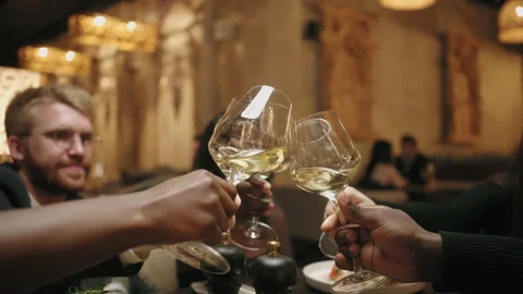 Different races people have dinner in restaurant, enjoy wine, clinking glasses Stock Footage 228182229