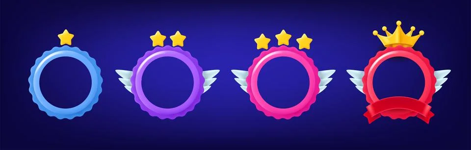 Different rank emblems with empty circle frames. Game achievement badges co.. Stock Illustration