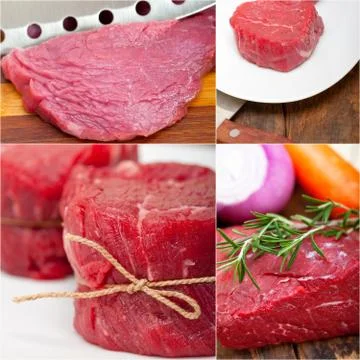 Different raw beef cuts collage Stock Photos