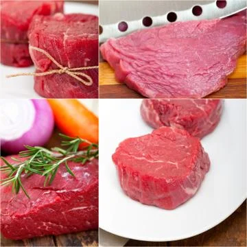 Different raw beef cuts collage Stock Photos