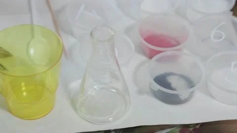 Different reagents for a chemical experiment. Stock Footage 138990344
