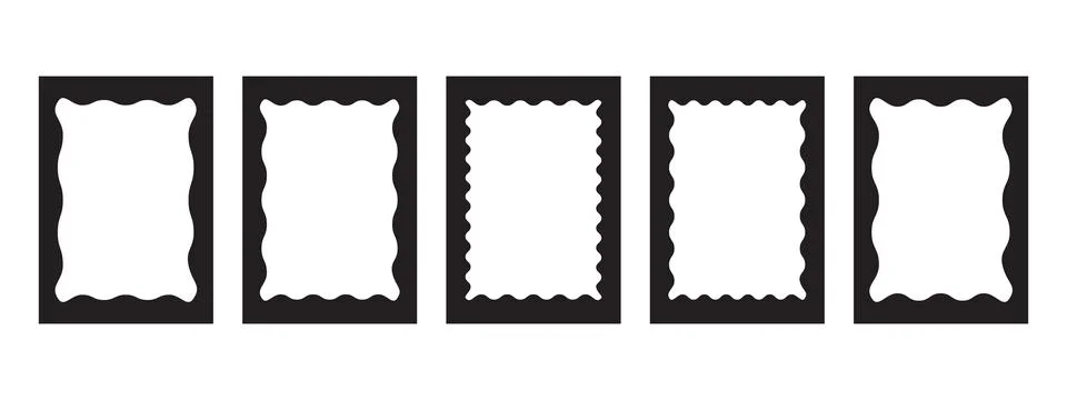 Different rectangle frames with wiggly edges set. Trendy curved frame box. .. Stock Illustration