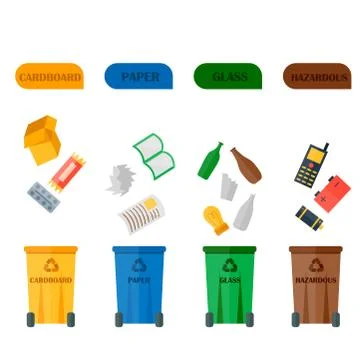 Different recycling garbage waste types sorting processing, treatment remaking Illustrazione stock