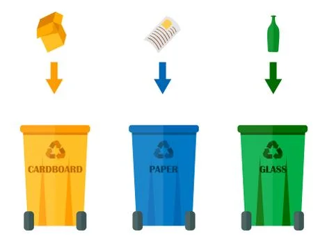 Different recycling garbage waste types sorting processing, treatment remaking Illustrazione stock