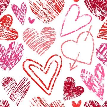 Different Red heart seamless pattern. Oil pastel or wax crayon painting. Grunge Stock Illustration